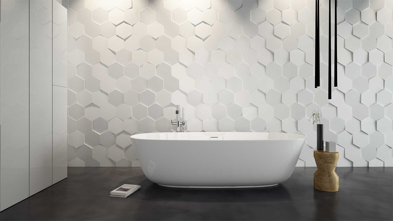 White Bath with black marble floor